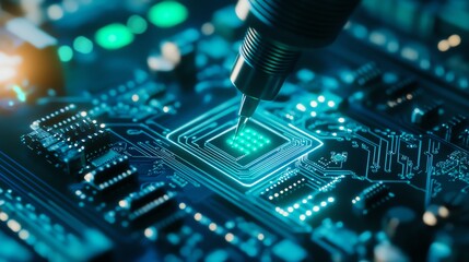 Fototapeta premium Close-up view of a microprocessor being installed on a circuit board, showcasing intricate electronic components and connections.