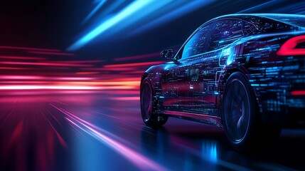 Dynamic electric car surrounded by vibrant neon lights, showcasing the fusion of technology and modern automotive design.