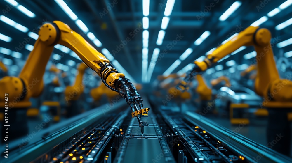 Poster innovative robotic arm in a modern factory setting, showcasing automation and advanced technology in