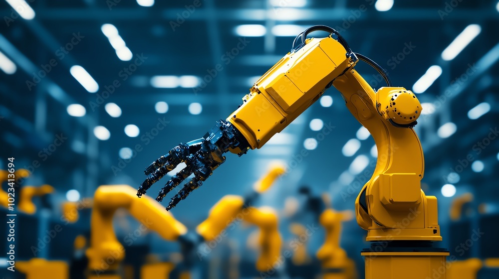 Poster a close-up of a robotic arm in an industrial setting, showcasing advanced technology in automation a