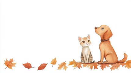 Obraz premium Cute dog and cat with autumn leaves, white background