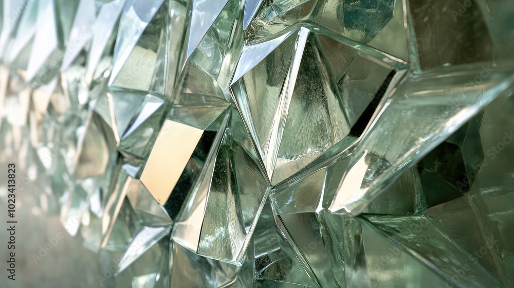 Poster a close-up of glass shards arranged artistically, focusing on the sharp edges and reflective surface