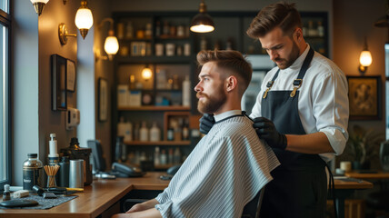 A skilled barber styles a client's hair in a modern barbershop, showcasing precision and professionalism. Perfect for advertising grooming services, barber shops, and lifestyle blogs