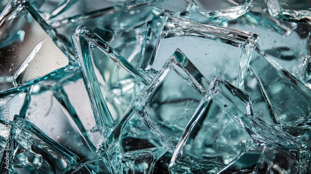 Poster a close-up of glass shards arranged artistically, focusing on the sharp edges and reflective surface