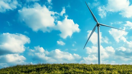 Fototapeta premium A serene landscape featuring a wind turbine against a backdrop of blue sky and fluffy clouds, promoting renewable energy.