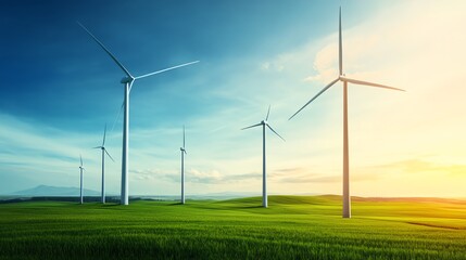 A scenic view of wind turbines on a green landscape under a clear blue sky, symbolizing renewable energy and sustainability.