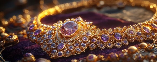 Fototapeta premium Elegant gold necklace with gemstones, close-up