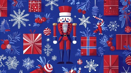 Obraz premium A cheerful nutcracker stands surrounded by presents, snowflakes, and holly on a blue background.