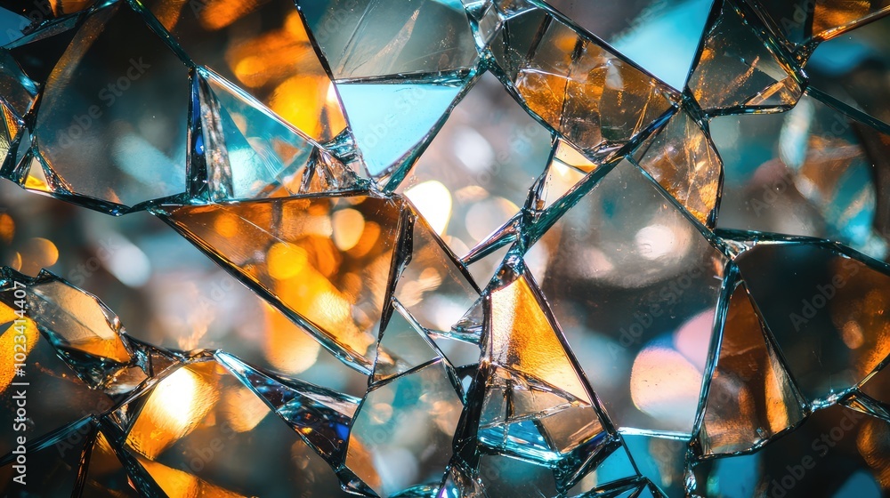 Poster a close-up shot of shattered glass pieces reflecting light, creating an abstract composition with sh