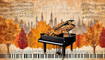 Grand piano decorated with autumn leaves on sheet music and cityscape background, artistic concept