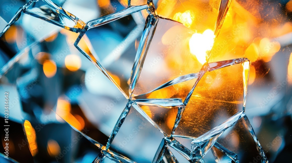 Poster a close-up shot of shattered glass pieces reflecting light, creating an abstract composition with sh