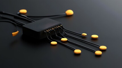 Abstract technology concept with black box and yellow connections on dark surface.