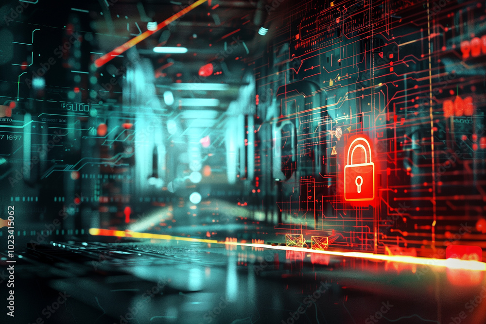 Poster data security breach digital system hacked internet cyber attack alert concept with virtual display 