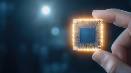 Hand holding a glowing computer chip.