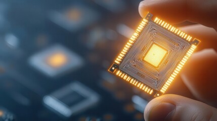 Hand holding a glowing microchip.
