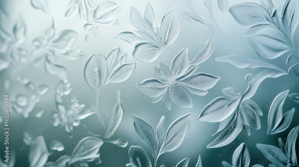 Poster a detailed close-up of frosted glass with intricate patterns, highlighting the soft diffusion of lig