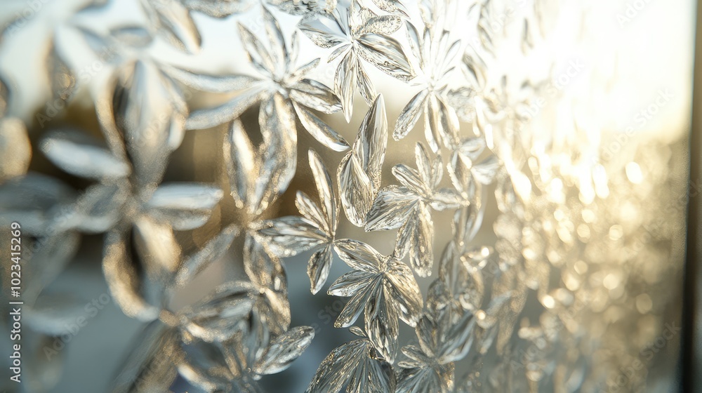 Poster a detailed close-up of frosted glass with intricate patterns, highlighting the soft diffusion of lig
