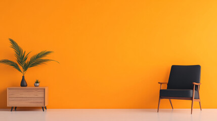 A minimalist living room with a black armchair against a bright orange wall.