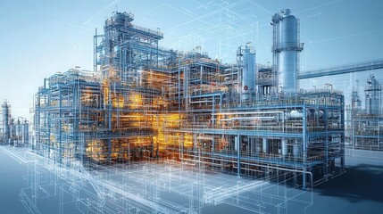 Industrial plant with glowing structures.