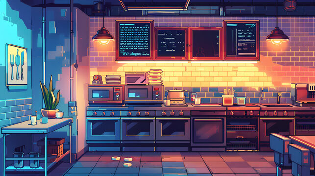 Pixel art crypto kitchen, 8-bit chef bots, digital ingredient replicators, blockchain recipe vault, retro cooking game style, virtual tasting room, arcade culinary challenges