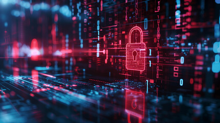 data security breach digital system hacked internet cyber attack alert concept with virtual display of red padlock in futuristic digital tech environment