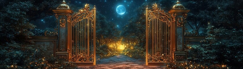 Magical gates opening to a serene night scene.