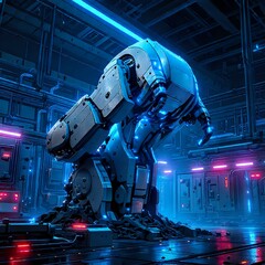 Majestic Blue Robot Standing Tall on Industrial Backdrop with Metallic Details