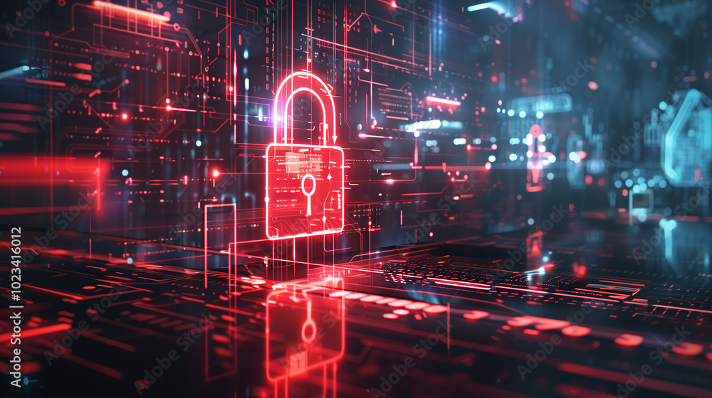 Poster data security breach digital system hacked internet cyber attack alert concept with virtual display 