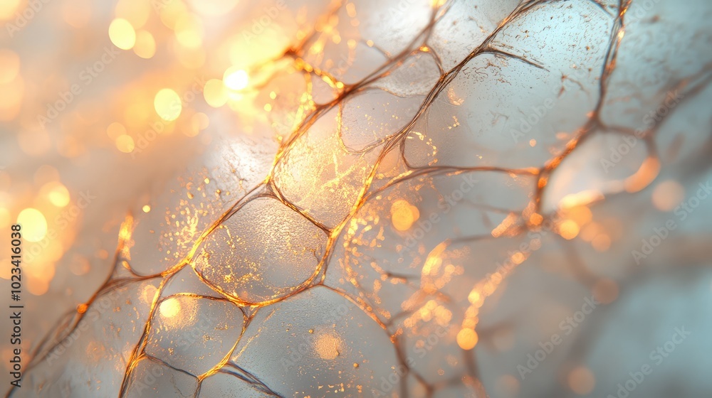 Poster a detailed shot of translucent glass with embedded metallic threads, showcasing a mesmerizing interp
