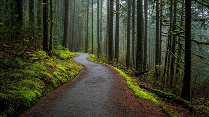 Obraz premium Winding path through dense forest scenery