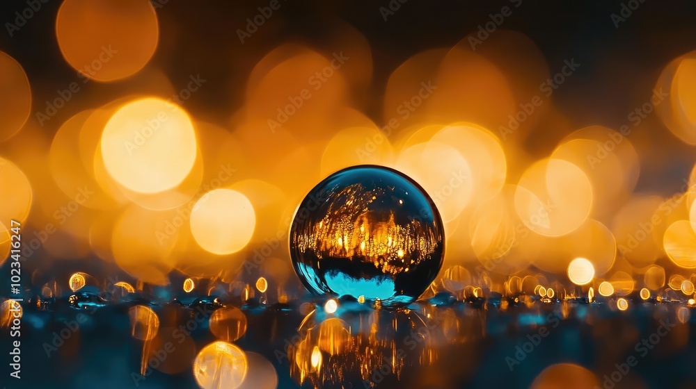 Poster a macro image of a glass bead with a glossy surface, reflecting light and creating captivating bokeh