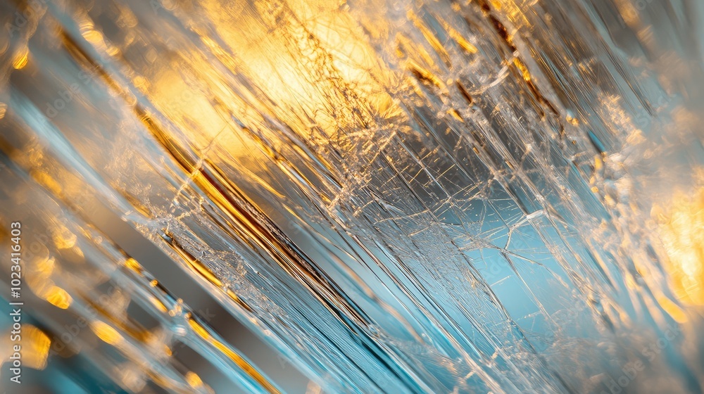 Poster a detailed shot of translucent glass with embedded metallic threads, showcasing a mesmerizing interp