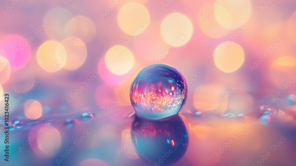 Poster a macro image of a glass bead with a glossy surface, reflecting light and creating captivating bokeh