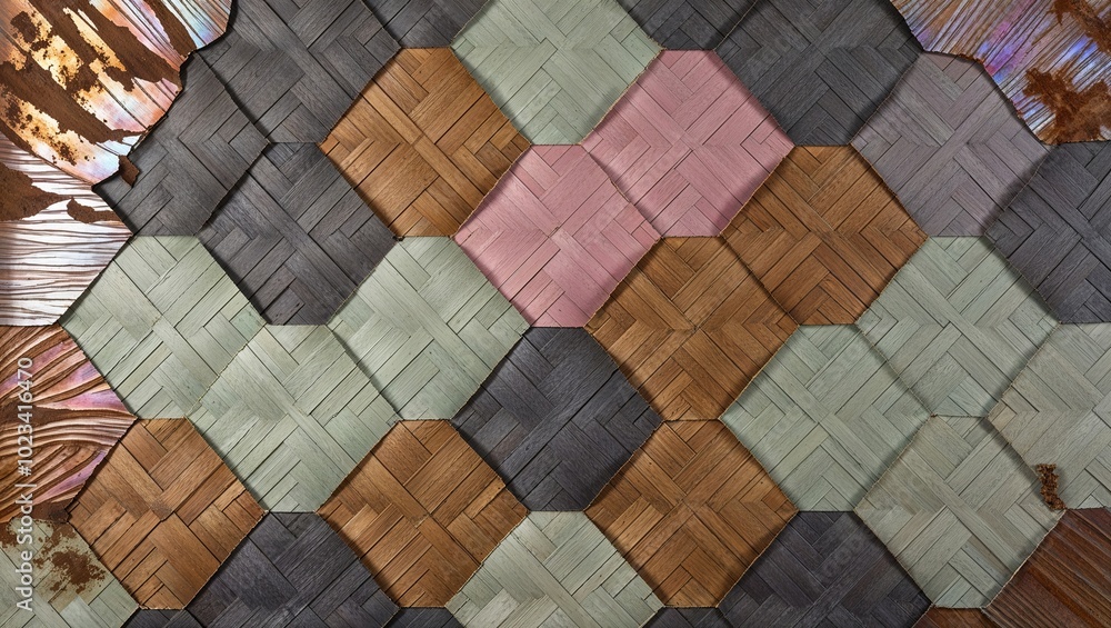 Canvas Prints Abstract geometric pattern of woven wood in brown, gray, green, and pink.