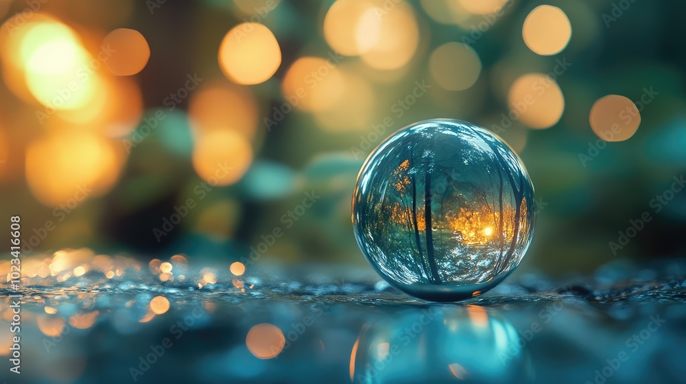 Poster a macro image of a glass bead with a glossy surface, reflecting light and creating captivating bokeh