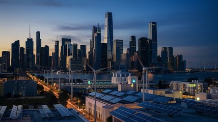 City skyline at dusk with modern skyscrapers and urban lights.