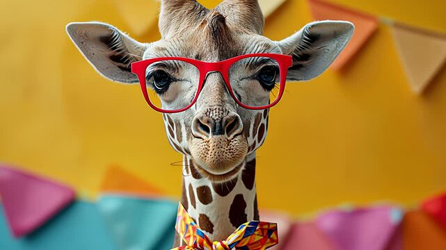 Funny fashion portrait of a giraffe with sunglasses. Created with Generative AI.