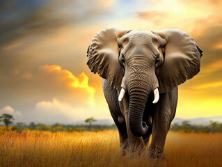 Obraz premium Big male elephant with great white ivory tusks on the tall-grass savannah