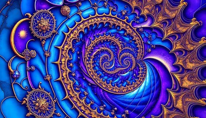 Cosmic Dreamcatcher: Vibrant Blue Spiral with Gold Accents - Abstract Art Print