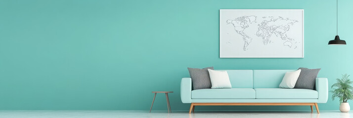 A light blue sofa in a minimalist living room with a world map print and a side table.