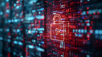 data security breach digital system hacked internet cyber attack alert concept with virtual display of red padlock in futuristic digital tech environment