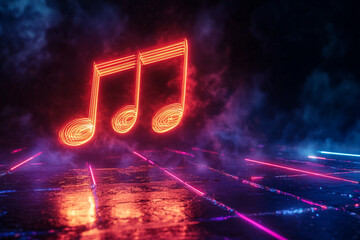 Neon Glowing Music Note on Reflective Tiles with Smoky Background - Vibrant Digital Music Artwork