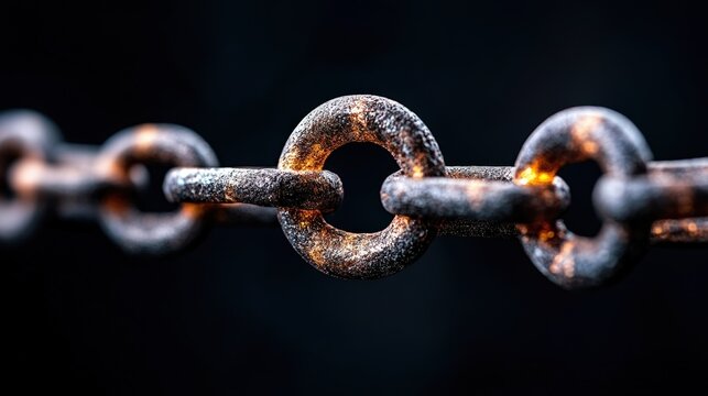 Close-up of a rusty chain link on a dark background.
