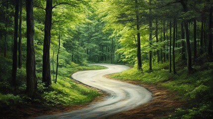 Obraz premium Winding road through lush green forest