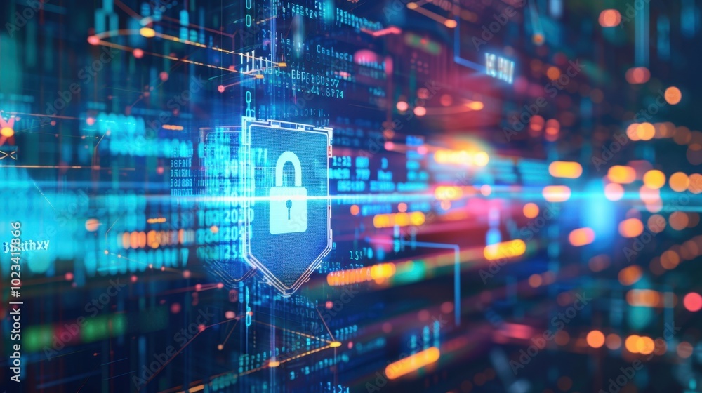 Poster digital security concept with lock and data background