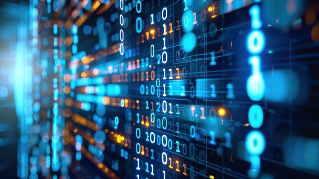 Digital Binary Data Stream in Blue and Orange Lights