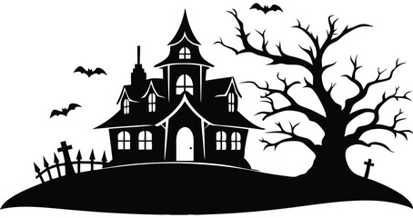 Haunted house silhouette. Ghost mansion scene vector illustration for spooky designs and decorations