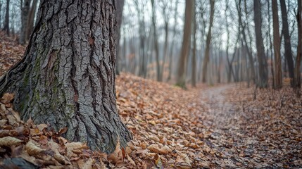 Obraz premium Tree trunk beside a path with fallen leaves