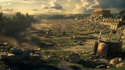 Desolate Ancient Warfield With Ruined Pillars and Abandoned Weapons Amidst a Glowing Sunset. Generative AI