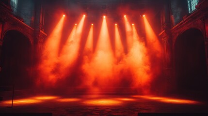 A dramatic stage with orange lights and mist creates an atmospheric scene, perfect for performances or events.